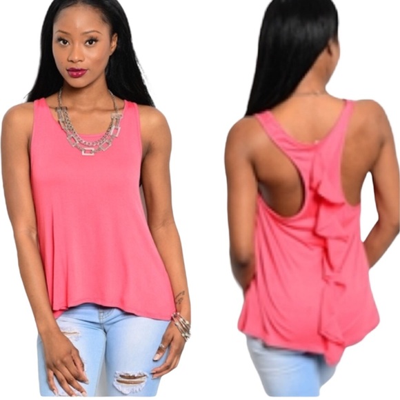 Tops - Coral Vibrant Flowy Fitted Racerback Tank Top Ruffle Back Detail